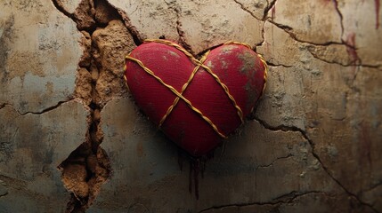 Crimson heart joined by golden dots inside a cracked wall generative ai