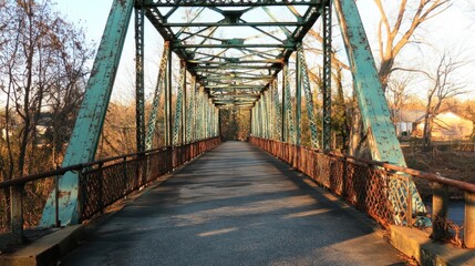 Rusty, old steel bridge with a view down the road on a sunny day.