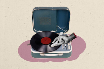 Composite photo collage of hand turn retro player vinyl disk occasion music 90 melody meloman plate song isolated on painted background