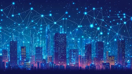 Fototapeta premium Futuristic infrastructure of a smart night city. Blue neon colors. Connection technology metaverse concept. Night city banner with big data. Device connection