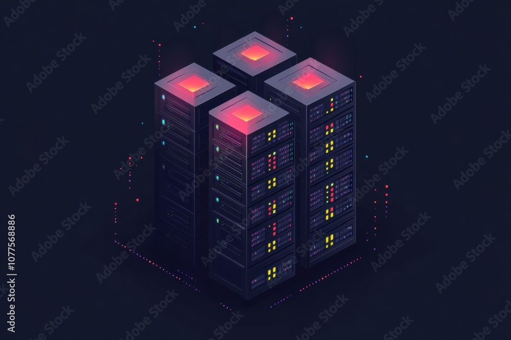 Fototapete A cluster of servers with blinking indicators is set in a data center, showcasing a modern technological environment. Generative AI