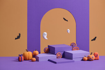 Colorful Halloween Decoration Scene With Pumpkins and Ghosts