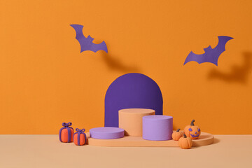 Halloween-Themed Abstract Display With Pumpkins and Bats