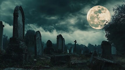 Mystical ancient graveyard under cloudy sky with super moon