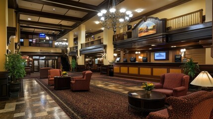 Elegant hotel lobby with vintage decor, comfortable seating areas, a chandelier, and warm lighting creating a welcoming atmosphere for guests and travelers