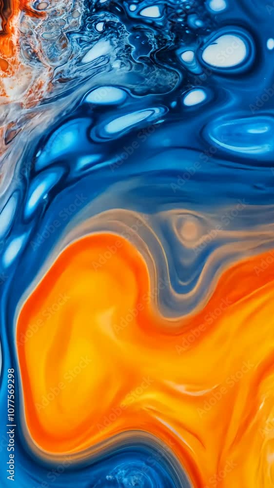 Poster abstract fluid pattern with vibrant orange and blue swirls, dynamic art concept