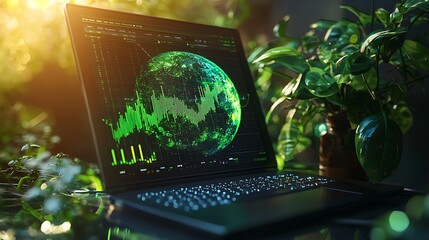 On the keyboard of the laptop, there is a green globe with stock graphs displayed on the laptop screen. This is a green business concept. Carbon efficient technology. Digital sustainability