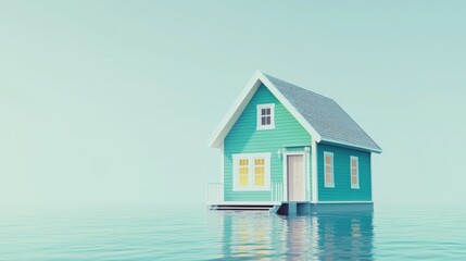 A Modern teal house stands alone on tranquil water, surrounded by serene reflections, conveying themes of solitude, peace, and nature's beauty in a minimalistic setting.