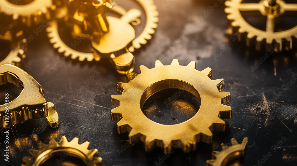 Poster golden gears mesh together, symbolizing unity and collaboration in a dynamic work environment