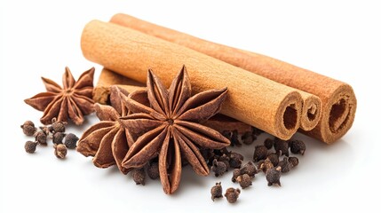 Cinnamon Sticks, Star Anise, and Allspice on White Background