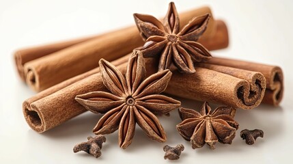 Star Anise and Cinnamon Sticks on White Background