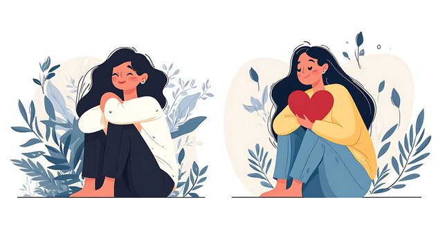 Woman with hand on kind heart, feeling self love, positive emotion. Charity and volunteering activity concept. A happy woman hugs her knees. Illustration of International Women's Day
