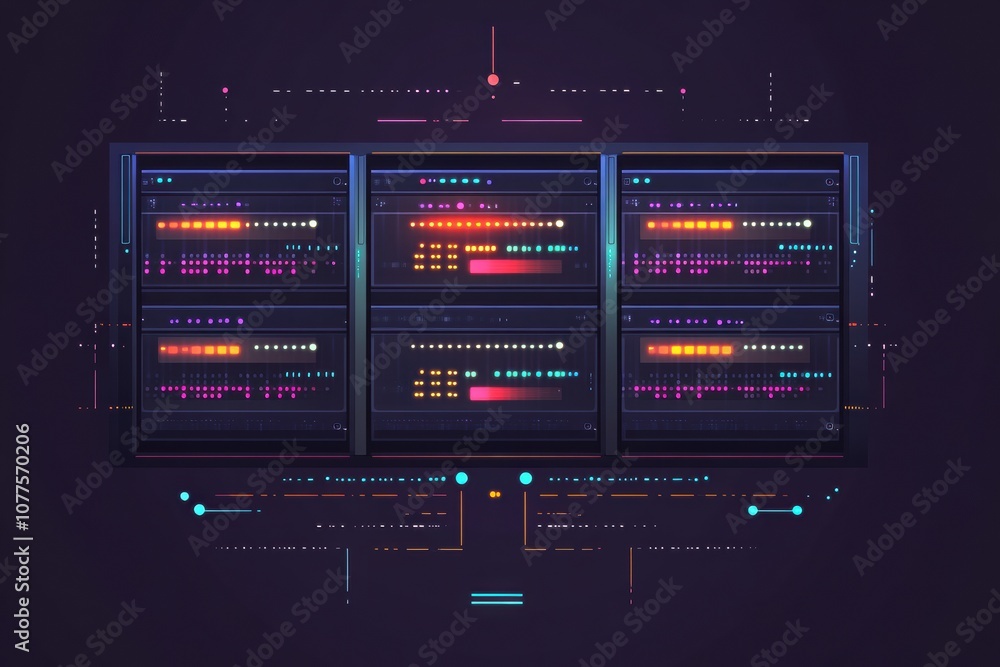 Leinwandbilder servers with blinking indicators display active network traffic and performance levels in a dark, mo