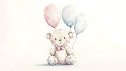 Cute cartoon teddy bear with balloons in watercolor style. Isolated on white background