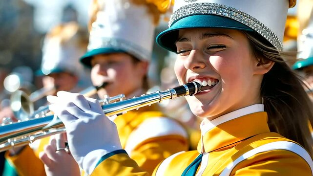 A vibrant marching band in colorful uniforms energizes the Thanksgiving parade with lively tunes and rhythmic precision.