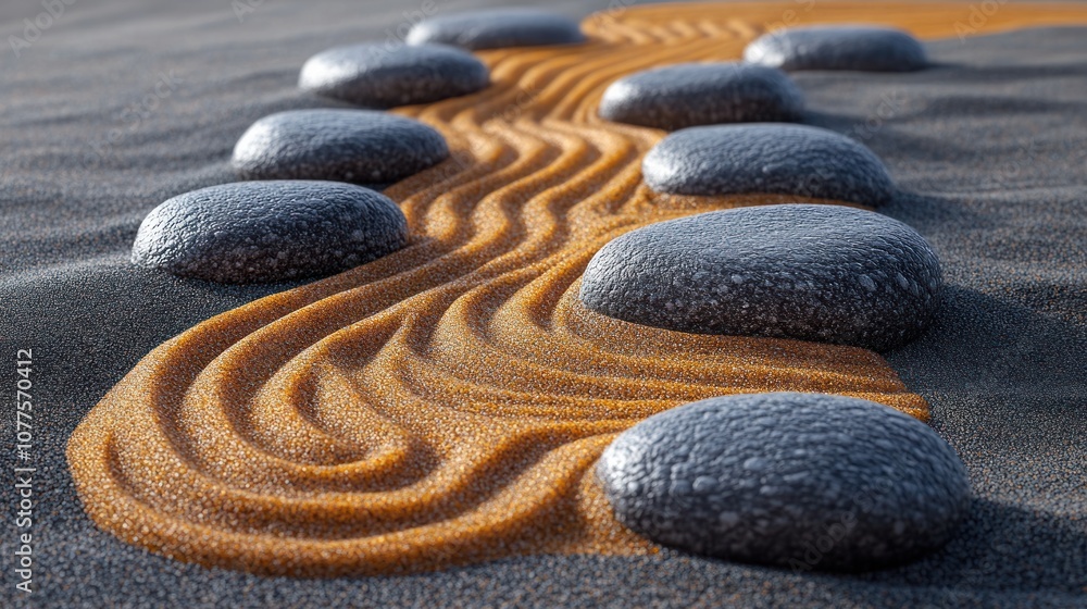 Poster smooth stones on sand with flowing patterns create a serene landscape.
