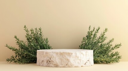 Natural Wood Display Stand with Greenery for Product Presentation and Minimalistic Decor in Soft Neutral Tones Ideal for Modern Interior Spaces