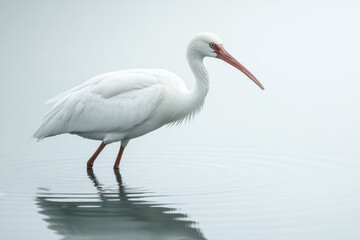 Graceful white egret wading in calm water, creating gentle ripples. The serene setting highlights the bird's elegant posture against a soft, misty backdrop.