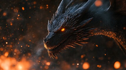 Dragon head close up, smoke filled air, glowing embers