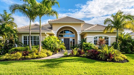 Facade of a beautiful house with a front garden of palm trees, short grass and tropical plants