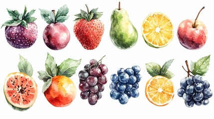 Watercolor Illustration of Various Fruits and Berries