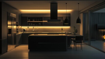 Modern Kitchen with Sleek Design and Warm Lighting