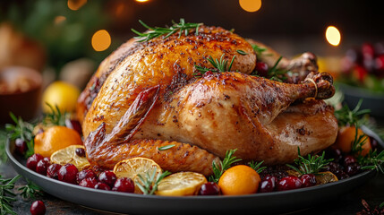 A golden-brown roasted turkey, garnished with rosemary and citrus fruits, ready for a festive feast.