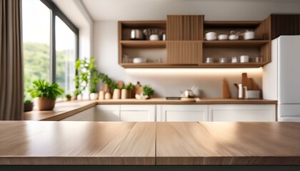 Blurred kitchen interior with focus on countertop. 3D Rendering