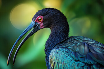 Fototapeta premium Close-up of a striking, iridescent ibis with a long, curved beak against a blurred green background, showcasing vibrant plumage and sharp focus.