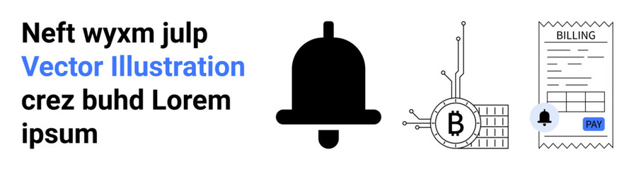 Bell icon, Bitcoin with circuit nodes, and billing document with pay symbol. Ideal for cryptocurrency notifications, fintech apps, digital payments, financial management, blockchain technology