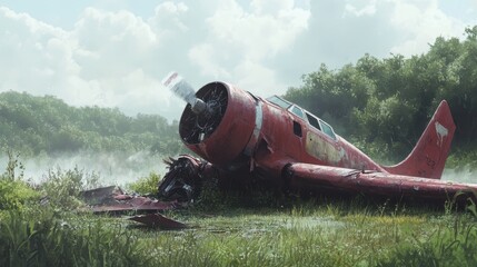 A red plane rests in a grassy field, its propeller frozen in mid-spin.