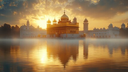 Obraz premium a gold building with a dome and a white wall with harmandir sahib in the background