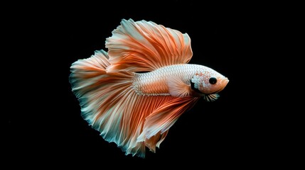 Fototapeta premium A vibrant orange and white betta fish with flowing fins swims against a black background.