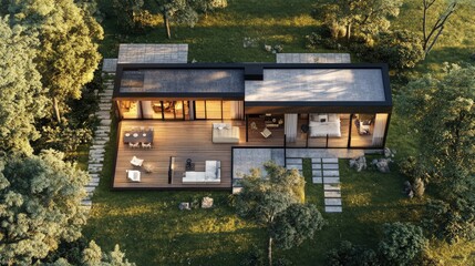 Modern stylish house surrounded by greenery, featuring contemporary design and spacious outdoor area for relaxation and leisure located in a tranquil natural setting.