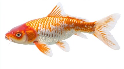 A vibrant orange and white koi fish with a long flowing tail swims gracefully against a plain white background.