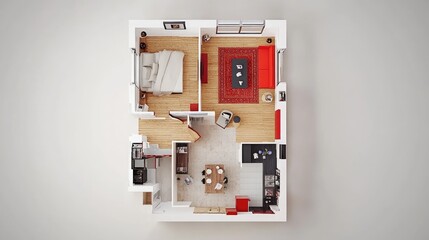 Modern Apartment Interior Layout with Open Living Area, Cozy Bedroom, Stylish Kitchen, and Inviting Design Elements for Contemporary Living Spaces