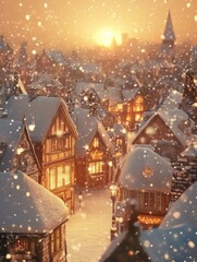 Fototapeta premium Delight in the charm of a snow-covered village adorned with twinkling lights as the sun sets, creating a magical winter atmosphere. Generative AI