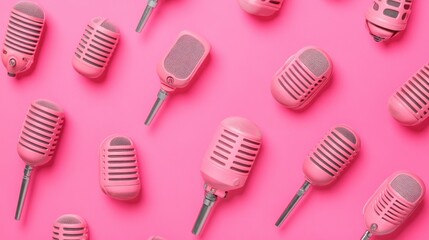 Pink vintage microphones arranged in a repeating pattern against a vibrant pink background.