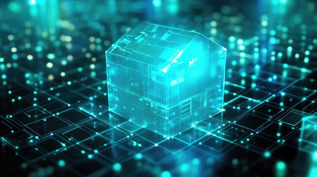 Futuristic Digital House Design Concept with Glowing Grid and Binary Code Created for Real Estate, Architecture, and Technology Applications