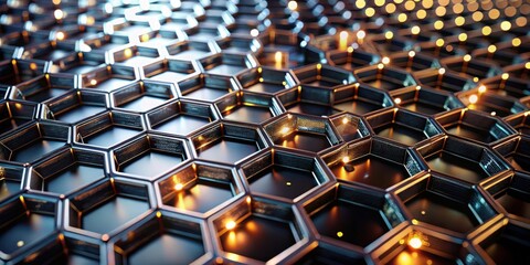 Fototapeta premium An abstract close-up of a network of hexagonal cells with glowing lights reflecting on the shiny black metal surfaces