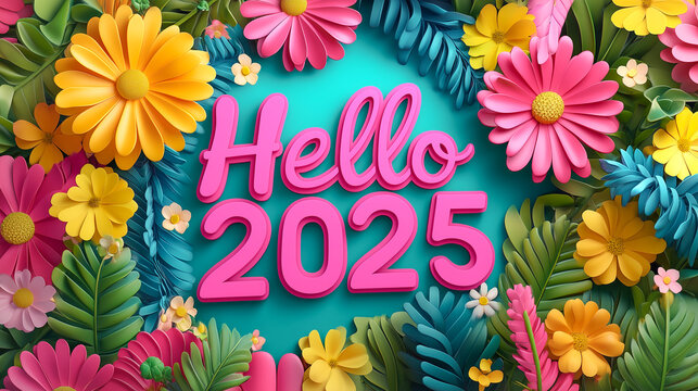 Hello 2025 with flowers background 3d effects Tropical vacation in new year 2025