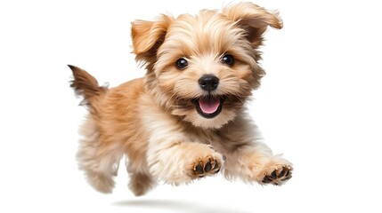 Playful puppy, small dog Maltipu runs on a white background.