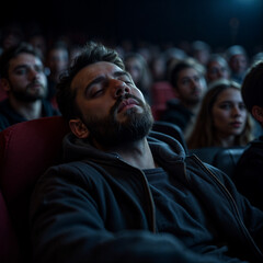 A man is sleeping in a movie theater. The man is wearing a gray hoodie and has a beard.
