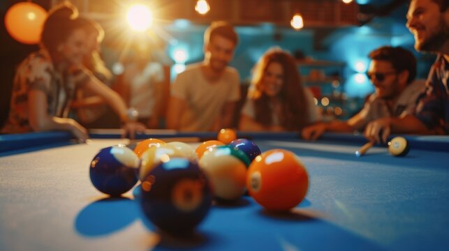 A group of friends gathered around a pool table engaged in a competitive game without needing a drink to enhance the experience.