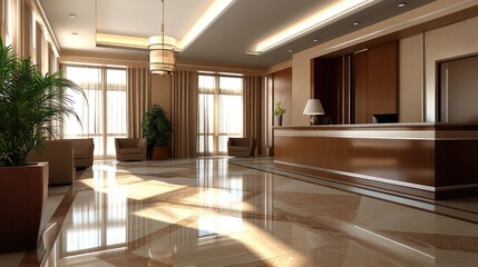 Fototapeta premium Modern and Elegant Hotel Lobby Interior with Luxurious Decor, Natural Light Streaming Through Large Windows, and Stylish Furniture Arrangement for Hospitality Settings