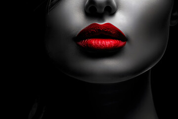 Fototapeta premium A woman with red lipstick her mouth closed. Concept of confidence and boldness, woman's red lips draw attention to her face. a touch of mystery and intrigue. High quality photo