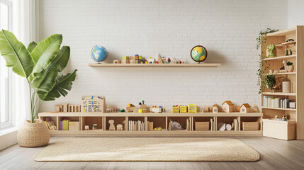 Playroom Interior Design with White Brick Wall  Bookshelves  and Wooden Toys