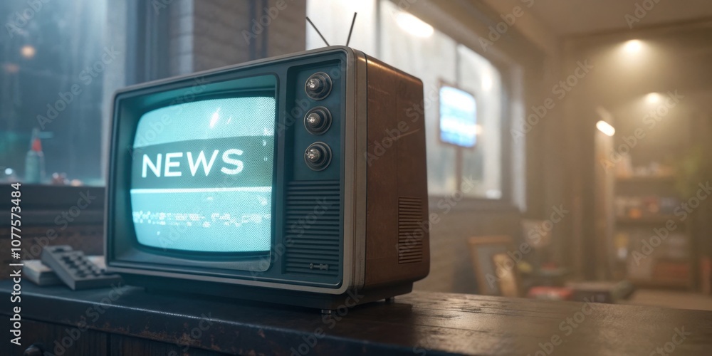 Poster hazy lines a vintage screen flickers with a faint haze showcasing a scrolling news bar in a soft pas
