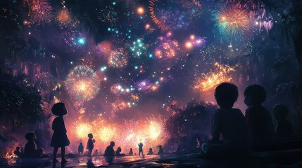 Silhouettes of children watching fireworks display in the night sky.