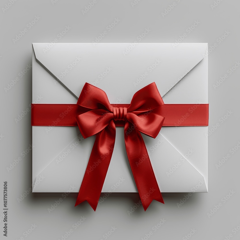 Poster blank white gift card with red ribbon bow in open red envelope on grey background minimal 3d renderi